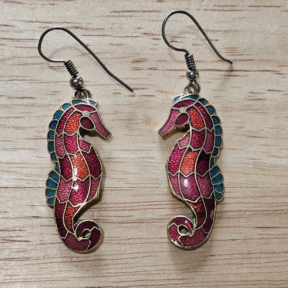 Vintage Cloisonne Seahorse Dangle Earrings